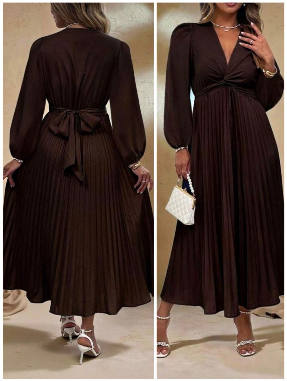 New Luxe Long Sleeve Pleated Long Dress PLUS Wrap Ruched Waist Brown